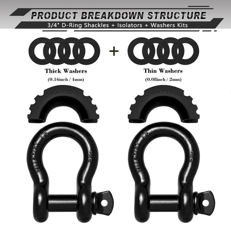 AUTMATCH D Ring Shackle 3/4"" Shackles (2 Pack) 41 887Ibs Break Strength  Clevis Shackle with 7/8"" Screw Pin and Shackle Isolator Washers Kit for Tow Strap Winch Off Road Vehicle Recovery  Black - Image 2